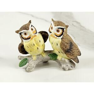Mini Owl on Branch Figurine Ceramic 3 1/4" Home Decor Taiwan 90's Hand Painted